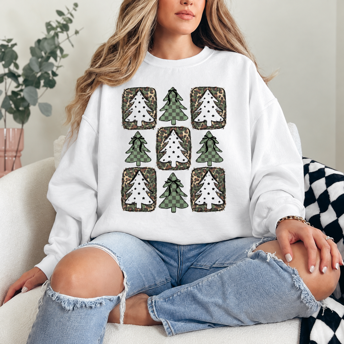 Leopard and Camo Christmas Trees Graphic — White Crewneck