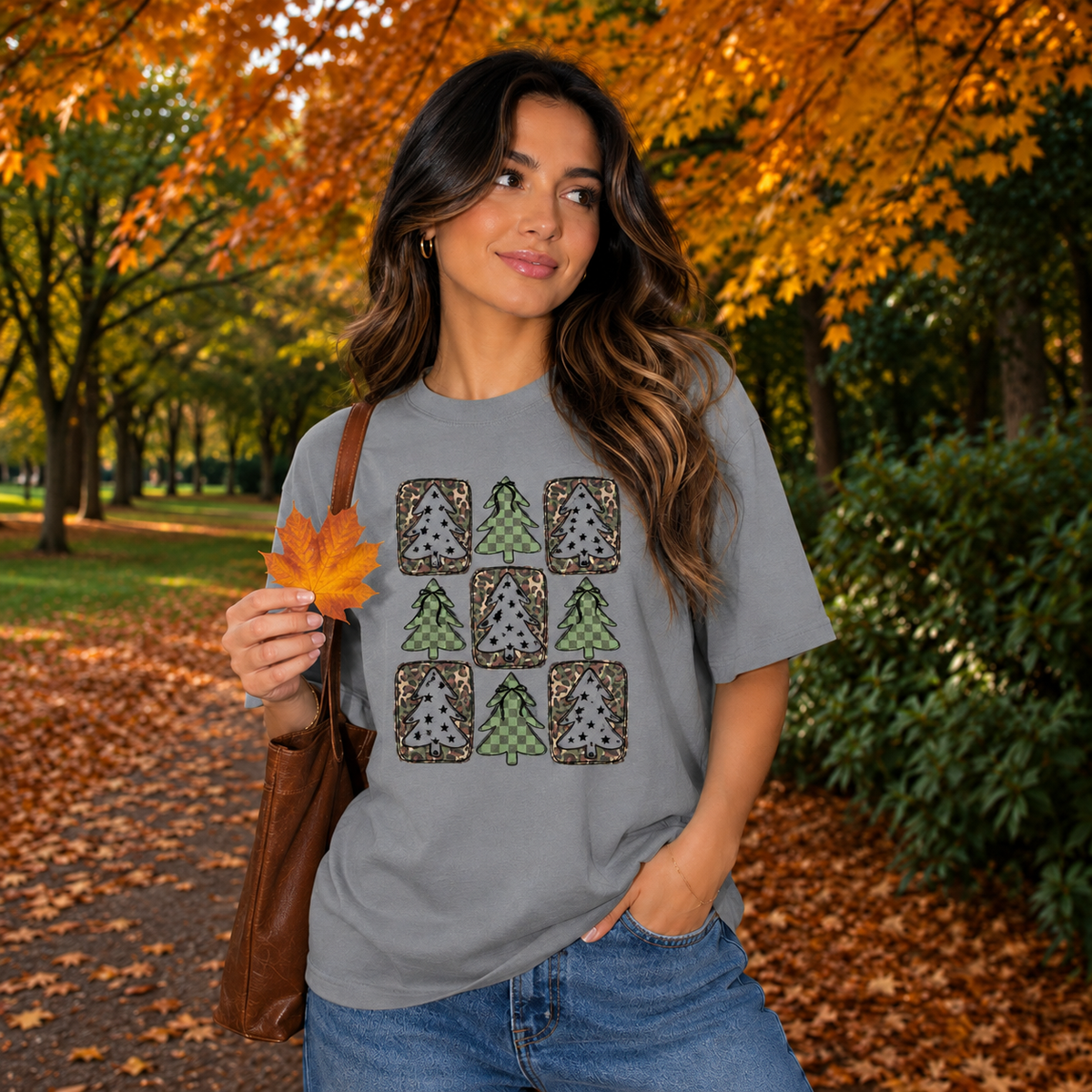Leopard and Camo Christmas Trees Graphic — Grey T-Shirt