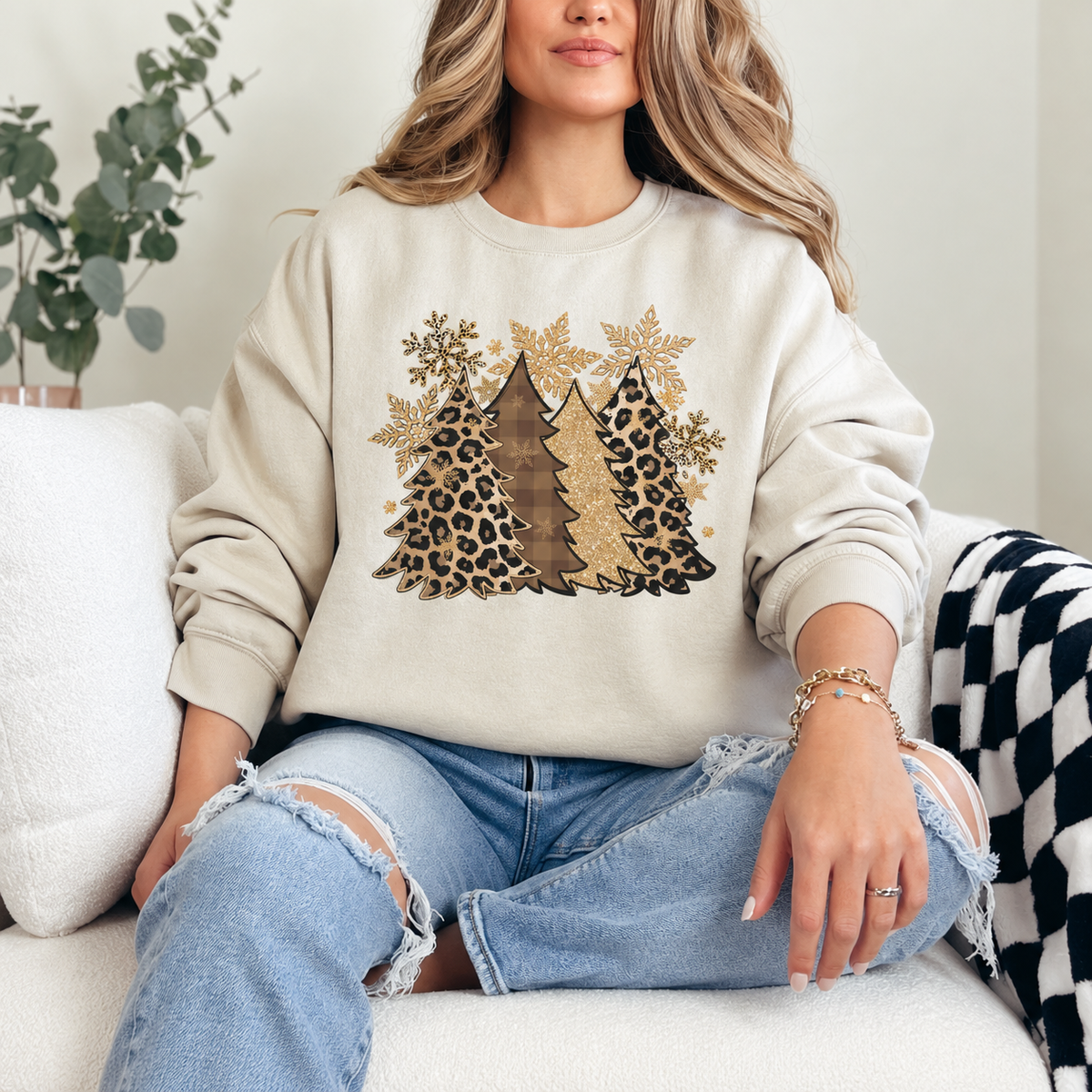 Leopard Christmas Trees Graphic — Ivory Crewneck