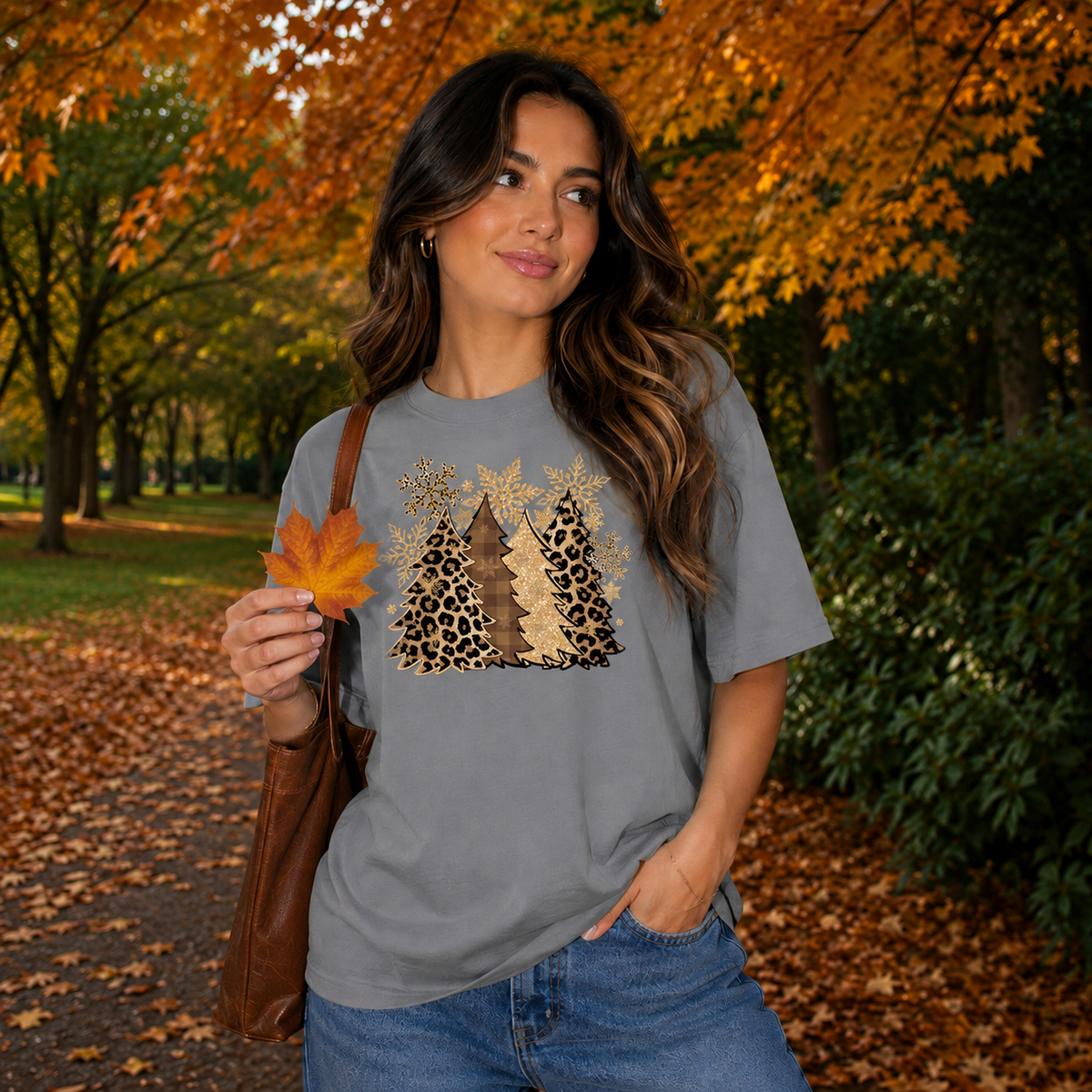 Leopard Christmas Trees Graphic — Grey T-Shirt