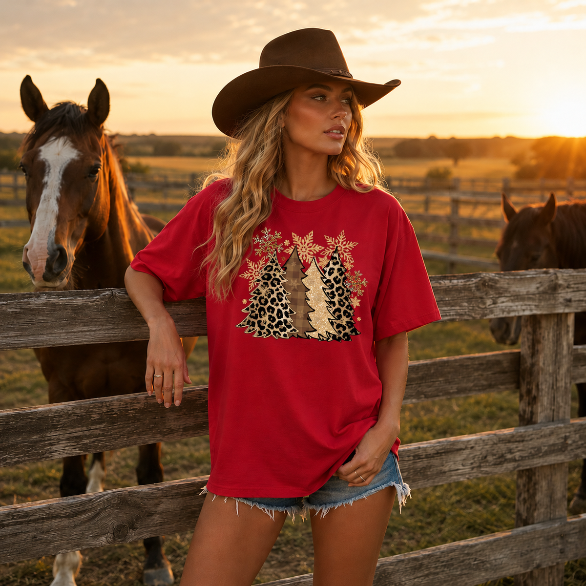 Leopard Christmas Trees Graphic — Red T-Shirt