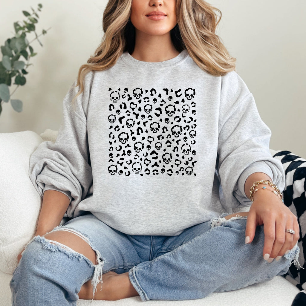 Leopard Skull Print Graphic - Ash/Heather Grey Crewneck on model