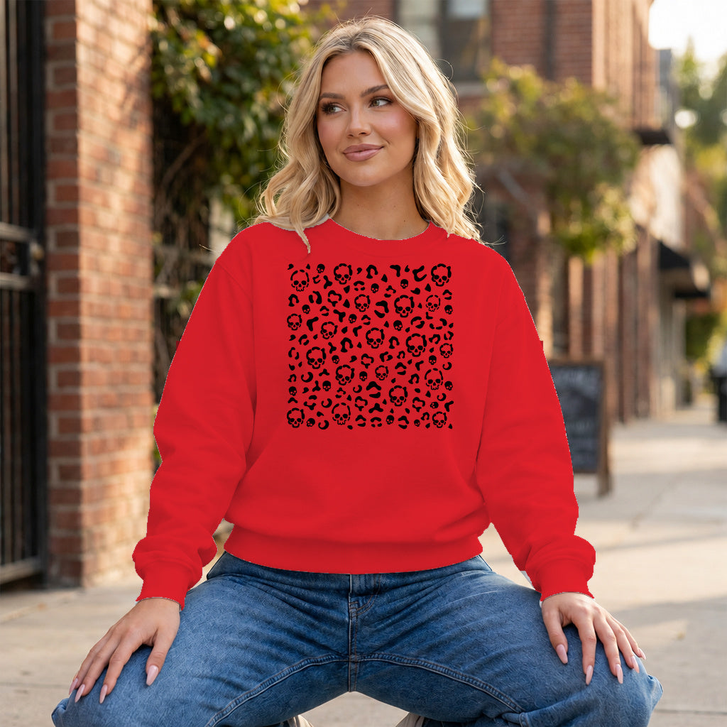 Leopard Skull Print Graphic - Red Crewneck on model