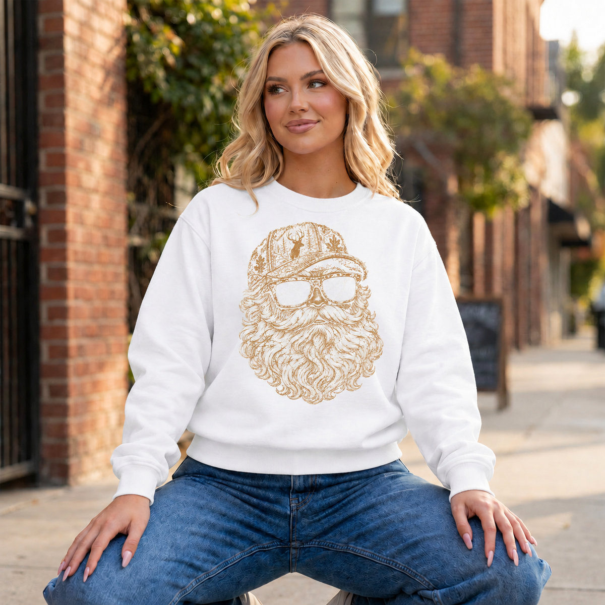Light Camo Santa Crewneck — White