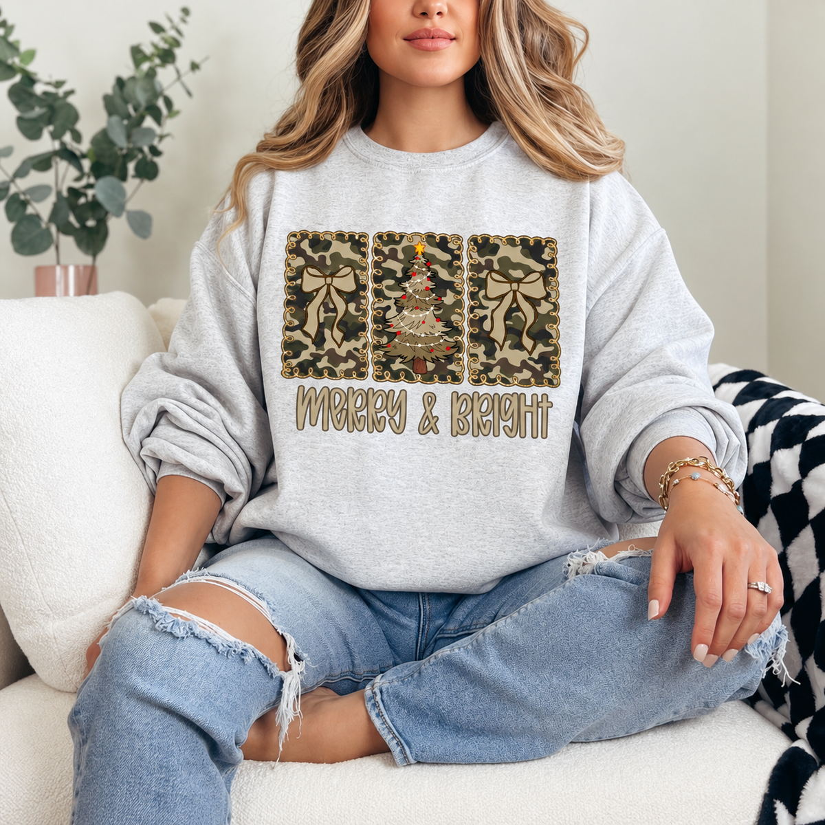 Merry and Bright Camo Christmas Graphic — Ash Heather Grey Crewneck