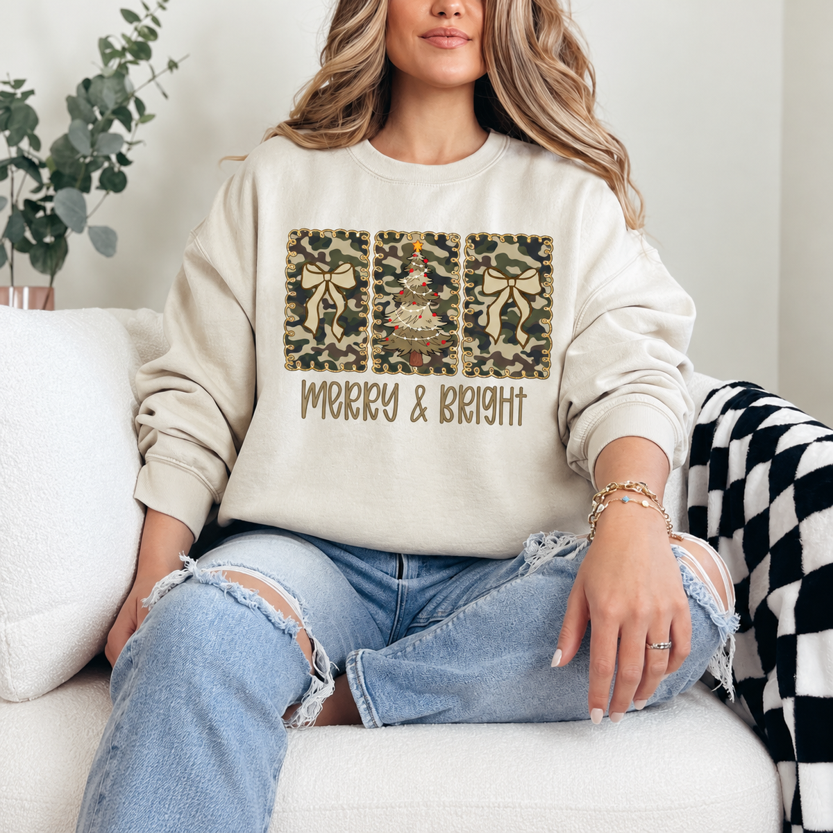Merry and Bright Camo Christmas Graphic — Ivory Crewneck