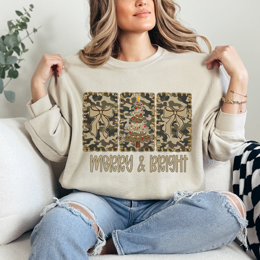 Merry and Bright Camo Christmas Graphic — Sand Crewneck