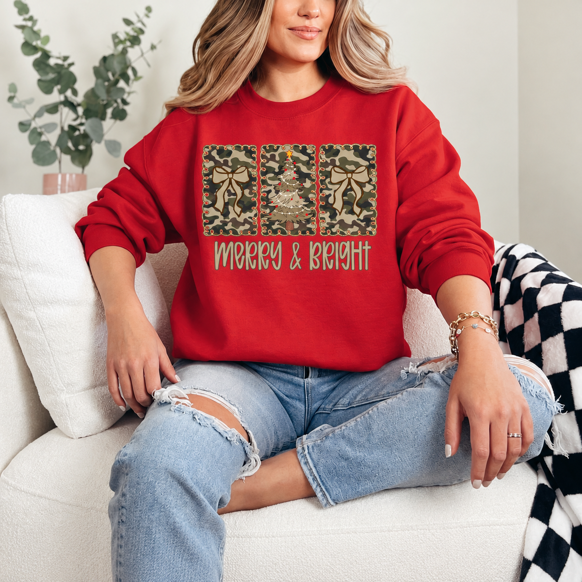 Merry and Bright Camo Christmas Graphic — Red Crewneck