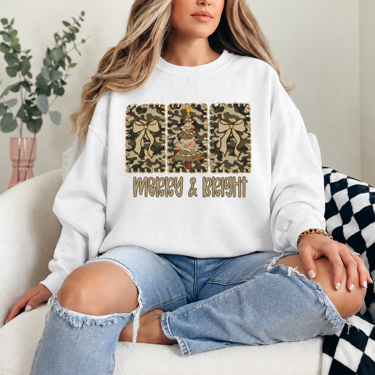 Merry and Bright Camo Christmas Graphic — White Crewneck