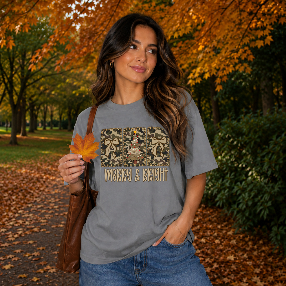 Merry and Bright Camo Christmas Graphic — Grey T-Shirt