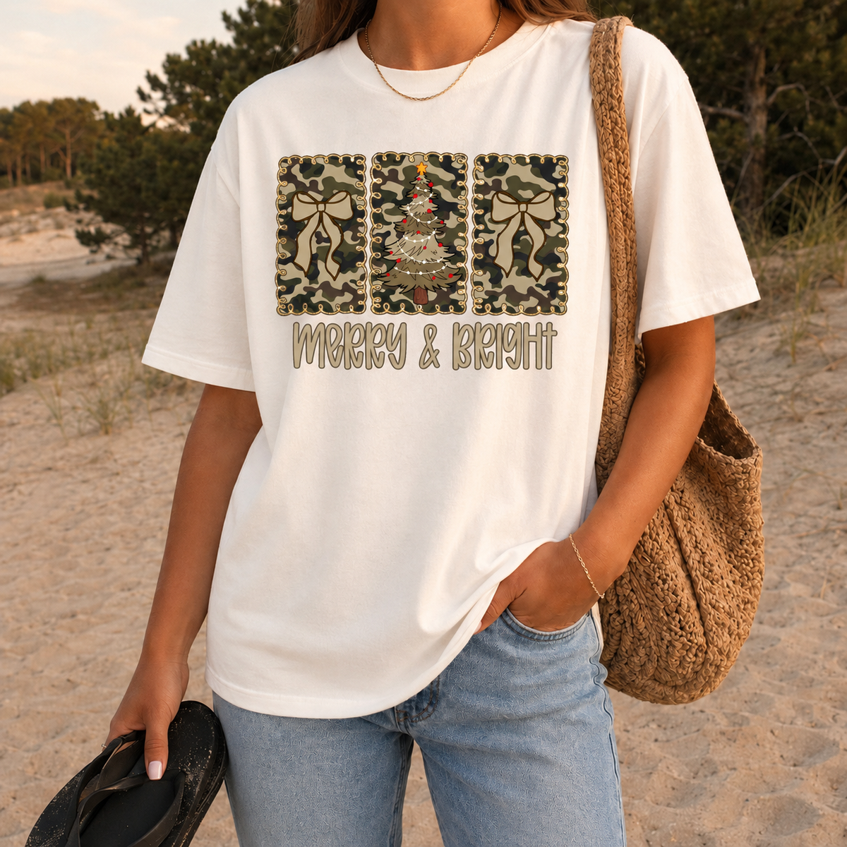 Merry and Bright Camo Christmas Graphic — Ivory T-Shirt