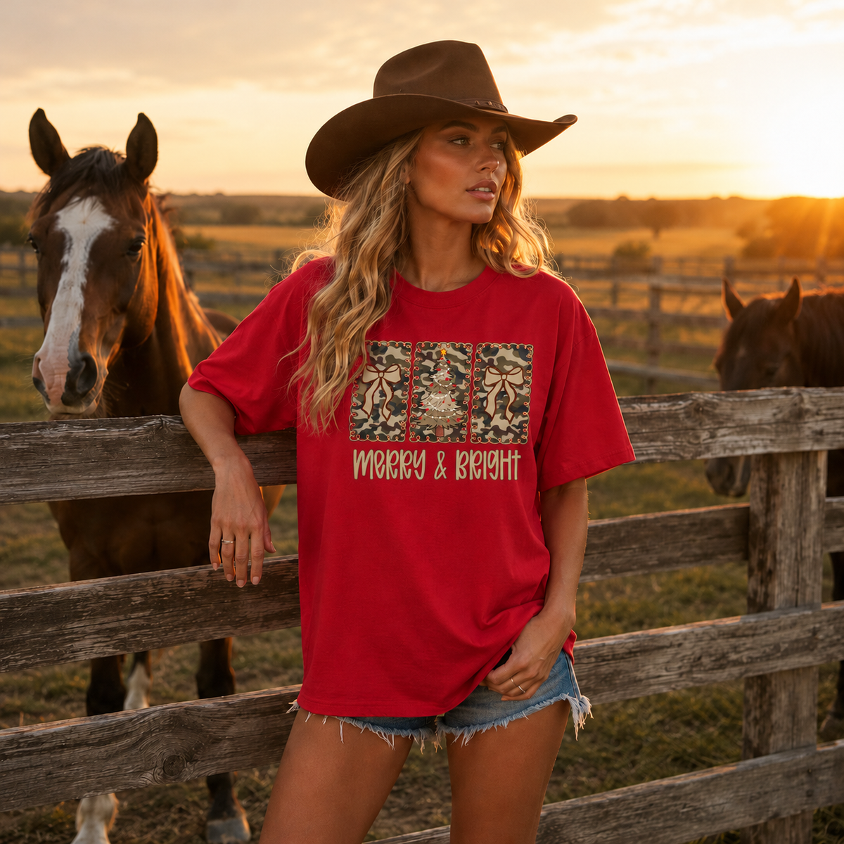 Merry and Bright Camo Christmas Graphic — Red T-Shirt