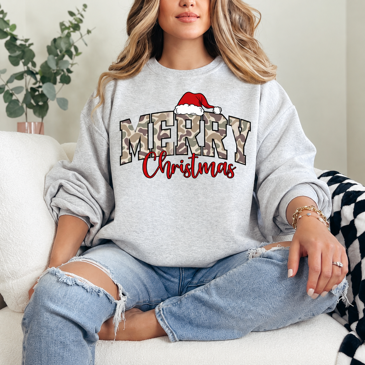 Merry Christmas Camo Graphic — Ash Heather Grey Crewneck