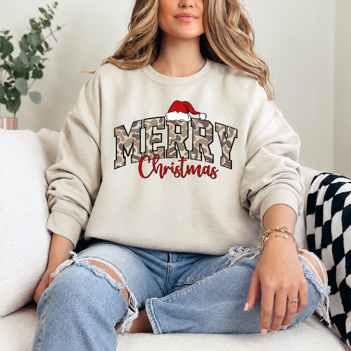 Merry Christmas Camo Graphic — Ivory Crewneck