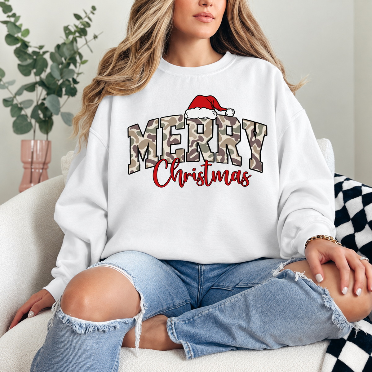 Merry Christmas Camo Graphic — White Crewneck