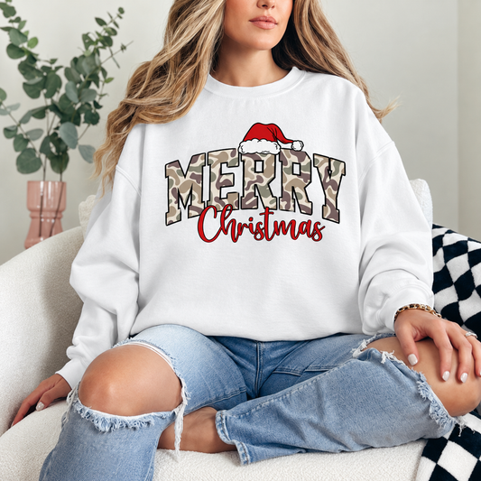 Merry Christmas Camo Graphic — White Crewneck