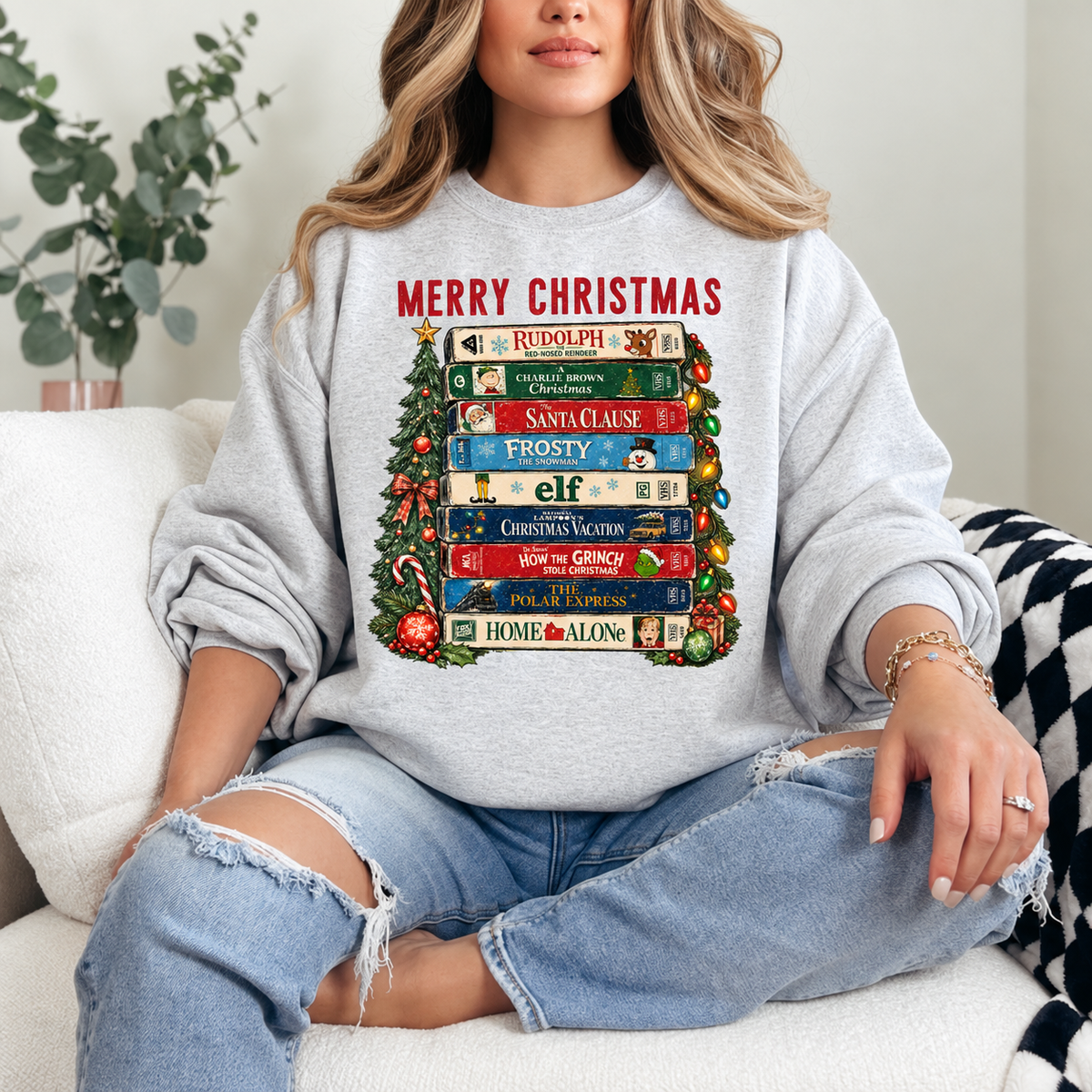 Merry Christmas Movie Classics Stack Graphic — Ash Heather Grey Crewneck
