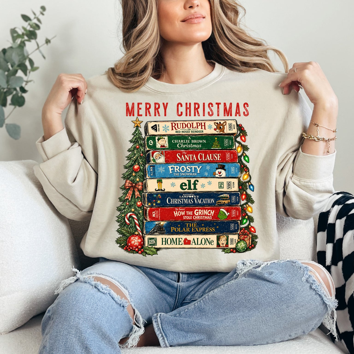 Merry Christmas Movie Classics Stack Graphic — Sand Crewneck