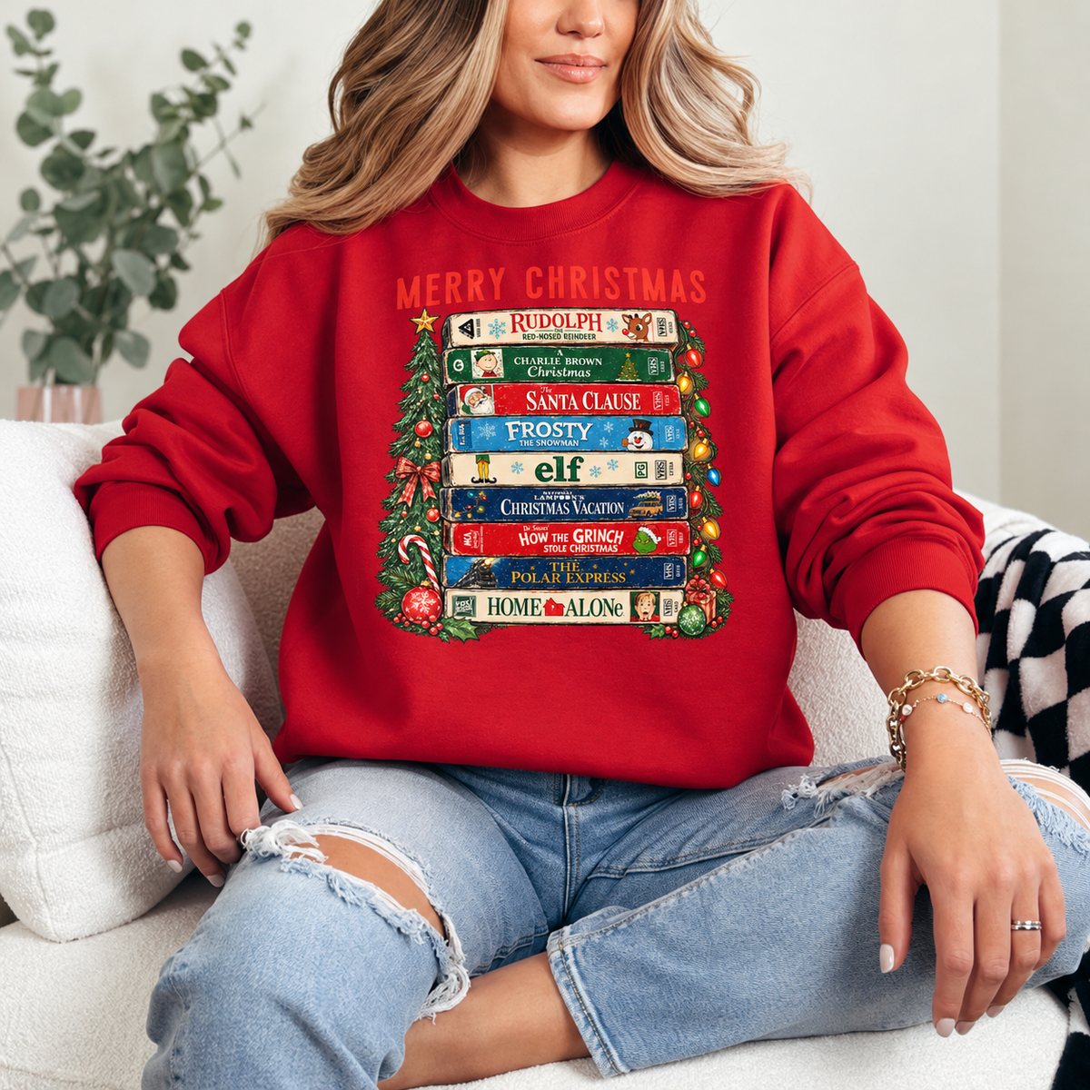 Merry Christmas Movie Classics Stack Graphic — Red Crewneck