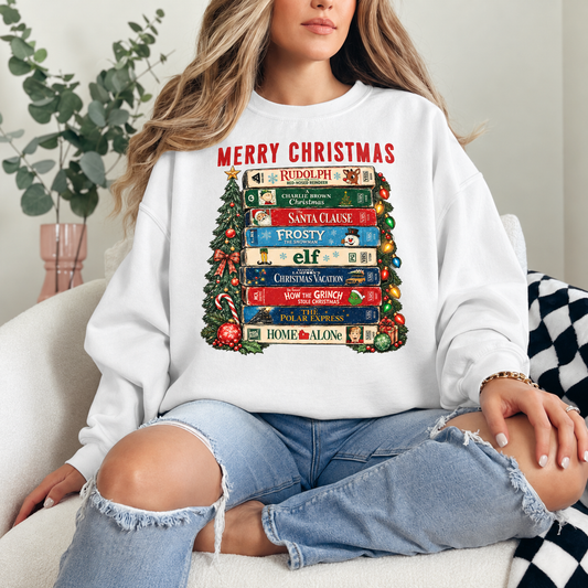 Merry Christmas Movie Classics Stack Graphic — White Crewneck