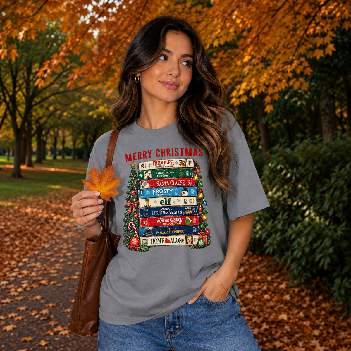 Merry Christmas Movie Classics Stack Graphic — Grey T-Shirt