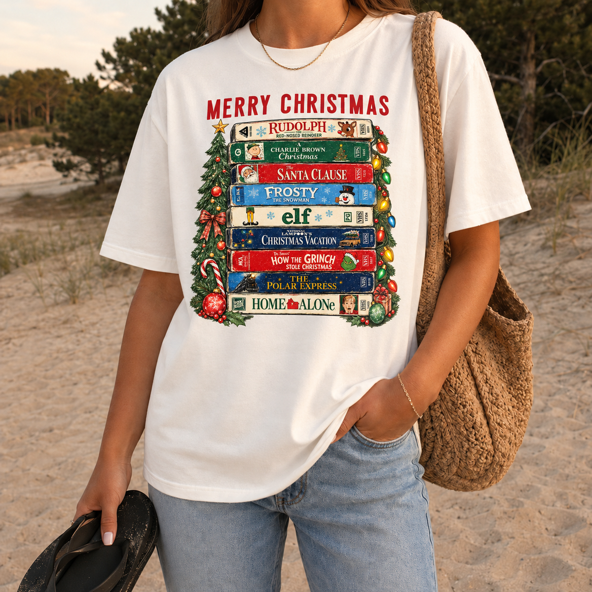 Merry Christmas Movie Classics Stack Graphic — Ivory T-Shirt