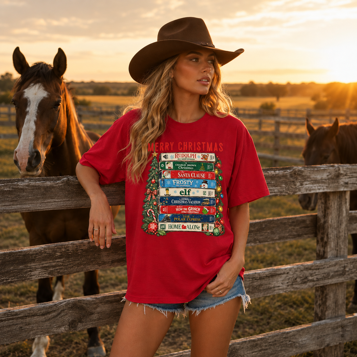 Merry Christmas Movie Classics Stack Graphic — Red T-Shirt