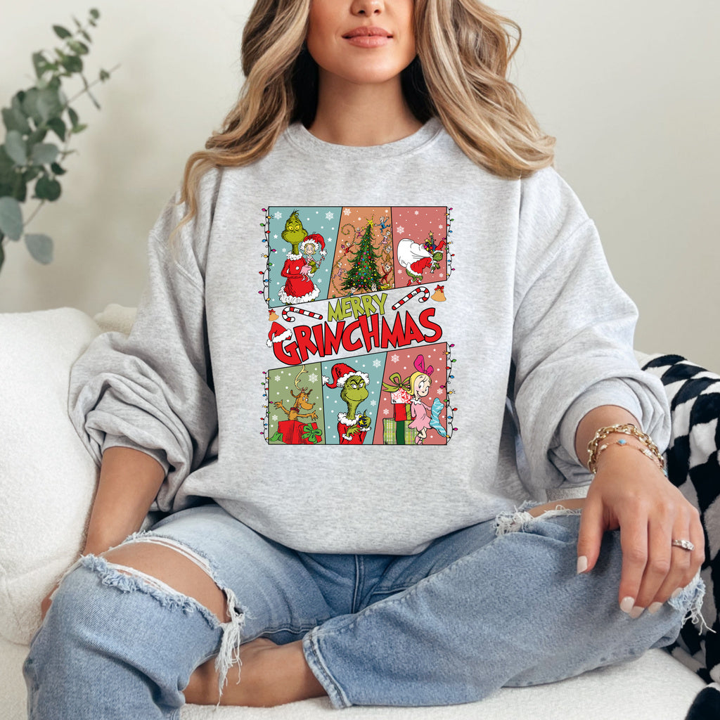 Merry Grinchmas Collage Graphic - Ash/Heather Grey Crewneck on model