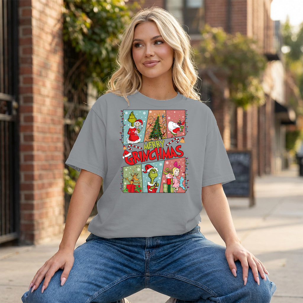 Merry Grinchmas Collage Graphic - Grey T-Shirt on model