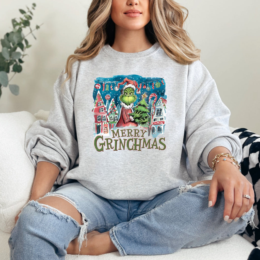 Merry Grinchmas Village Graphic - Ash/Heather Grey Crewneck on model