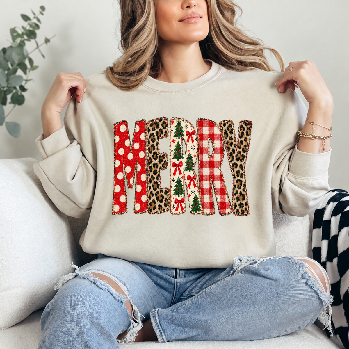 Merry Patchwork Crewneck — Sand