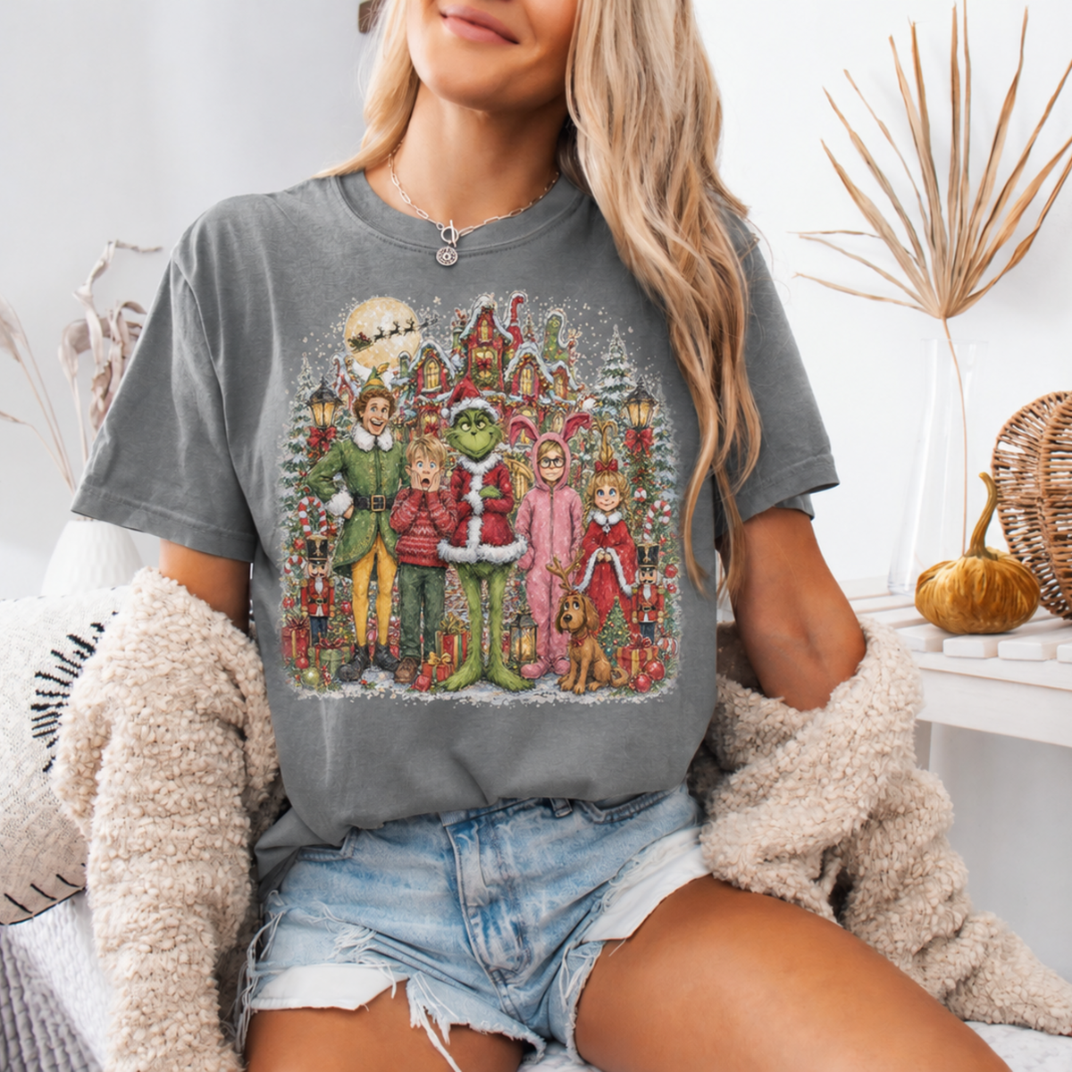 Christmas Mischief Crew Graphic on Grey T-shirt