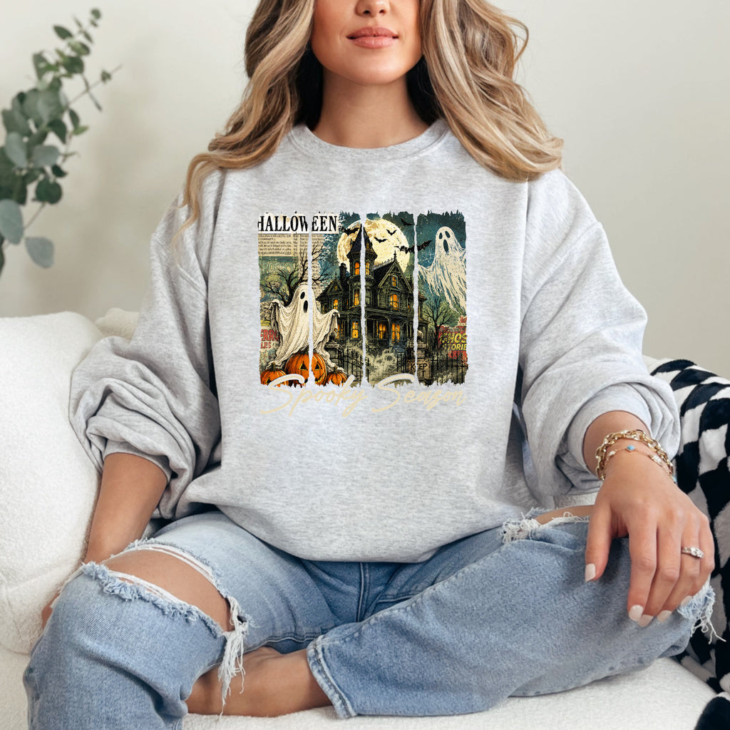 Moonlit Manor Halloween Graphic - Ash/Heather Grey Crewneck on model