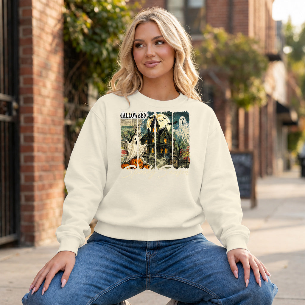Moonlit Manor Halloween Graphic - Ivory Crewneck on model