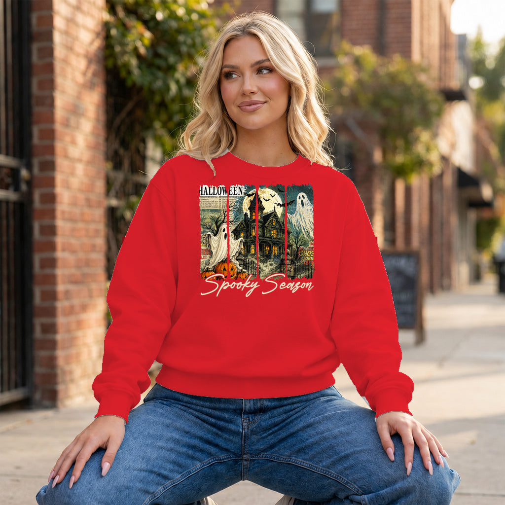 Moonlit Manor Halloween Graphic - Red Crewneck on model