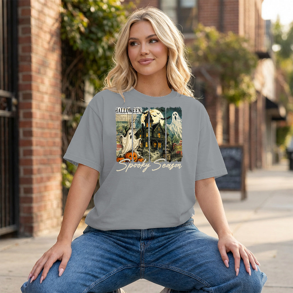 Moonlit Manor Halloween Graphic - Grey T-Shirt on model
