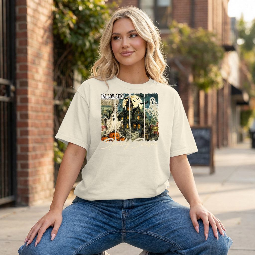 Moonlit Manor Halloween Graphic - Ivory T-Shirt on model
