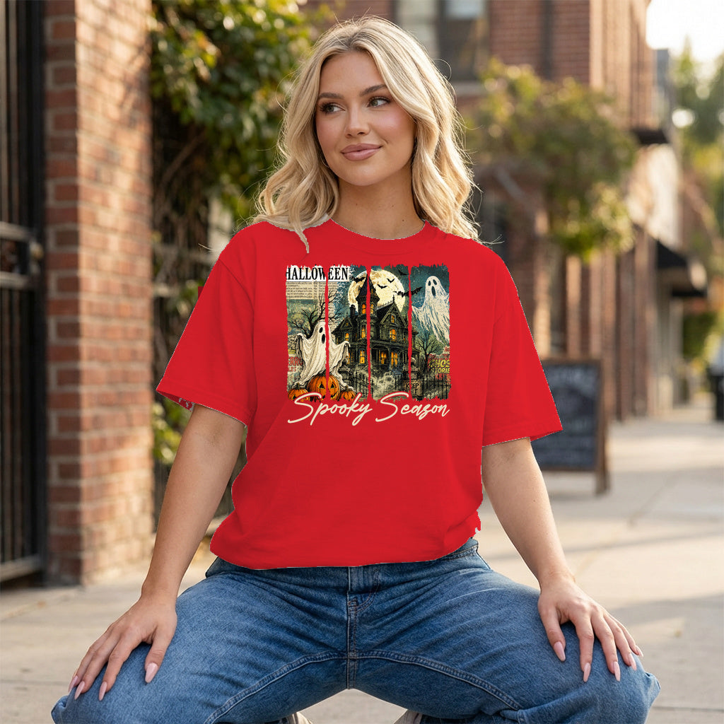 Moonlit Manor Halloween Graphic - Red T-Shirt on model