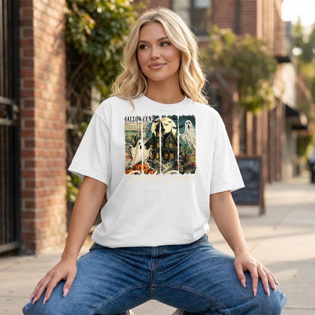 Moonlit Manor Halloween Graphic - White T-Shirt on model