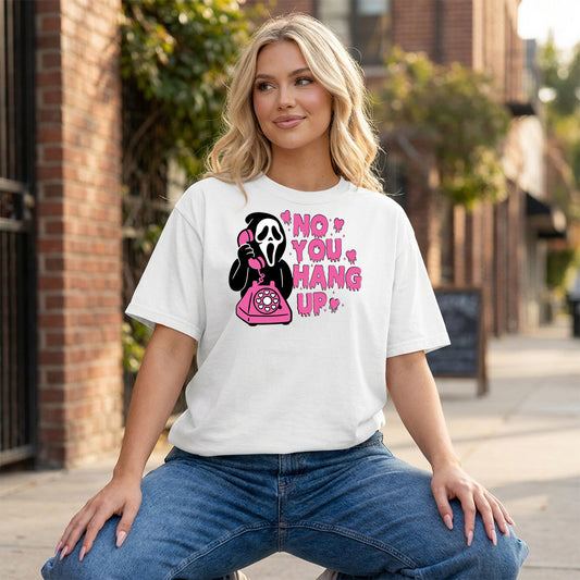No You Hang Up Graphic - White T-Shirt on model