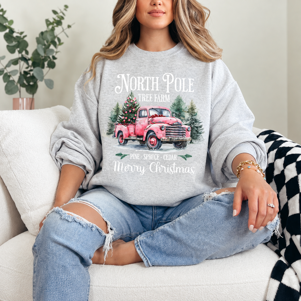 North Pole Tree Farm Pink Truck Graphic — Ash Heather Grey Crewneck