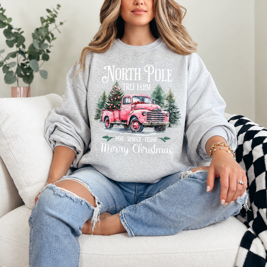 North Pole Tree Farm Pink Truck Graphic — Ash Heather Grey Crewneck