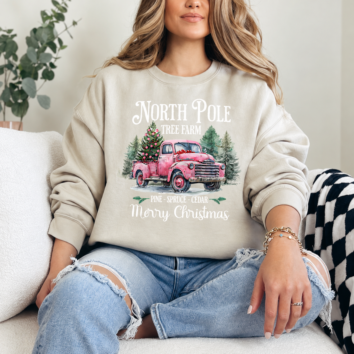 North Pole Tree Farm Pink Truck Graphic — Ivory Crewneck