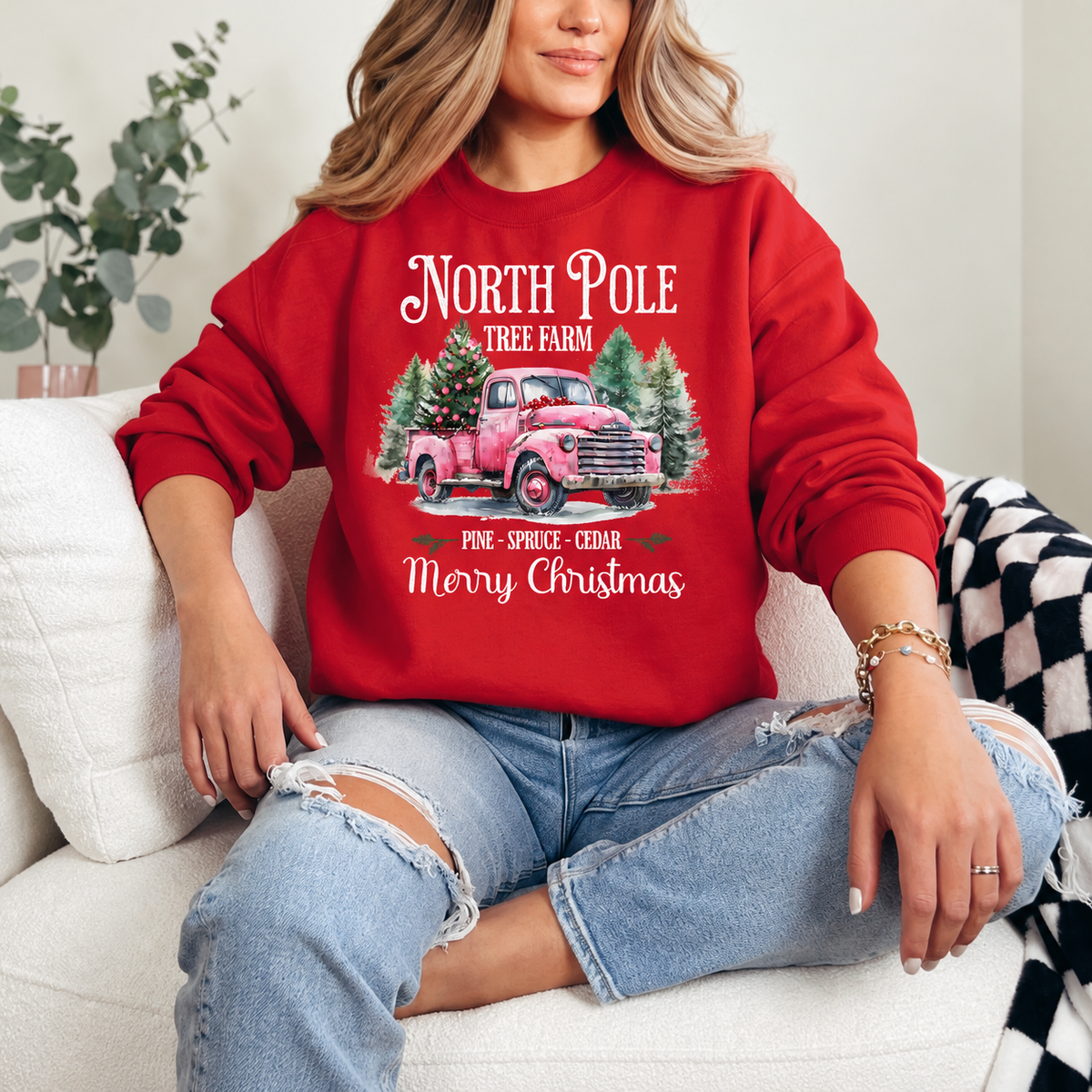 North Pole Tree Farm Pink Truck Graphic — Red Crewneck