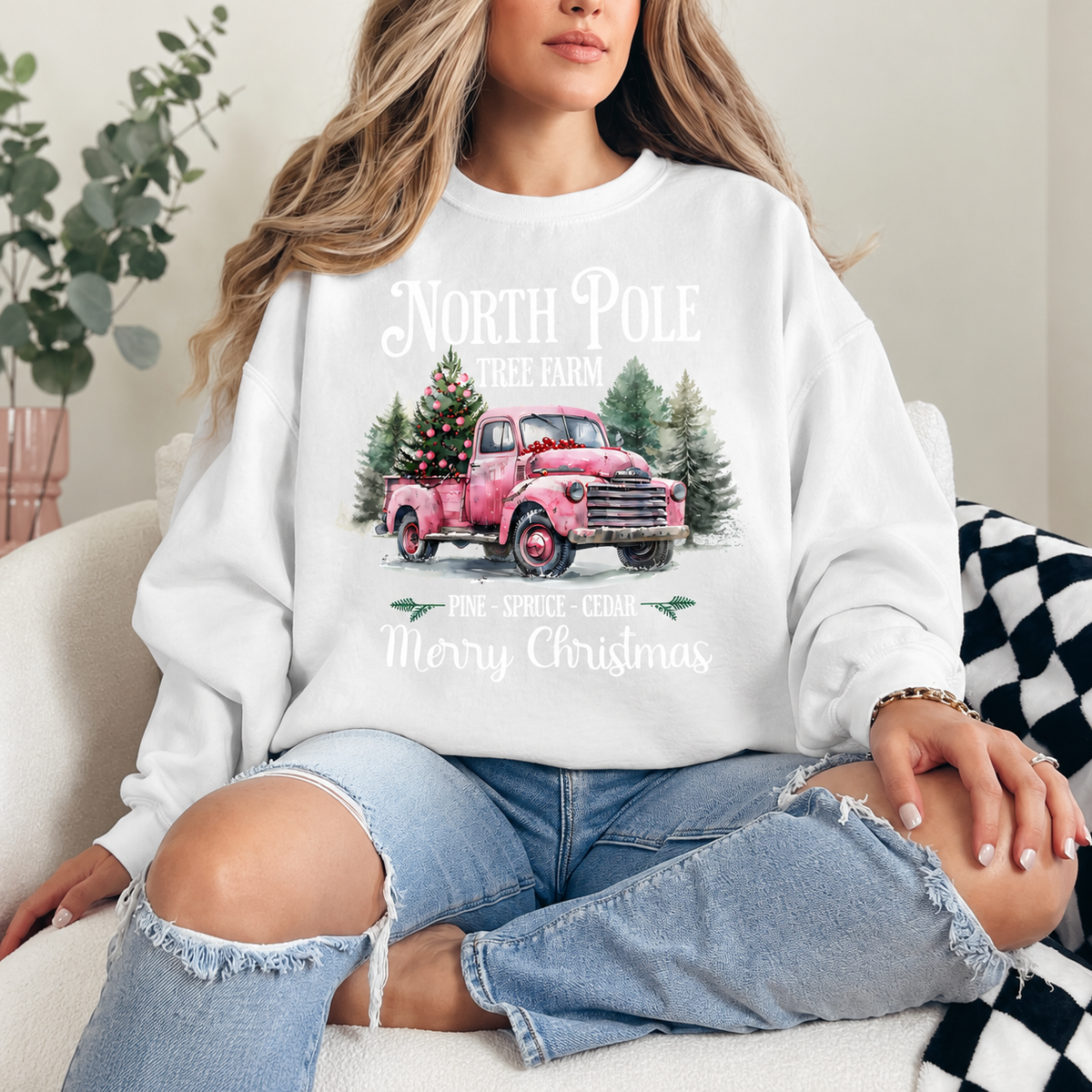 North Pole Tree Farm Pink Truck Graphic — White Crewneck