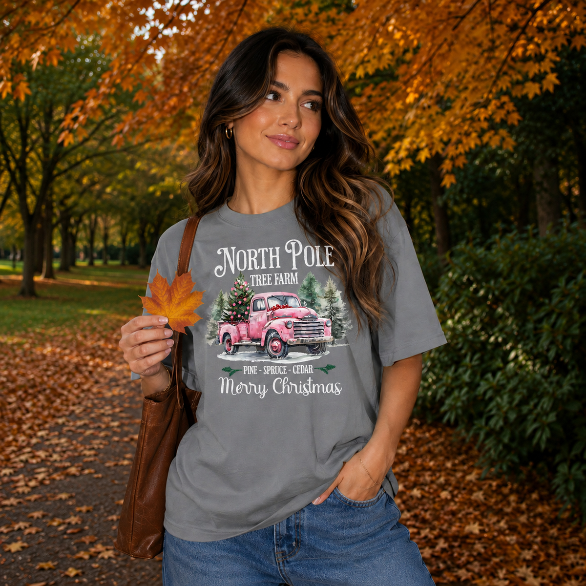 North Pole Tree Farm Pink Truck Graphic — Grey T-Shirt