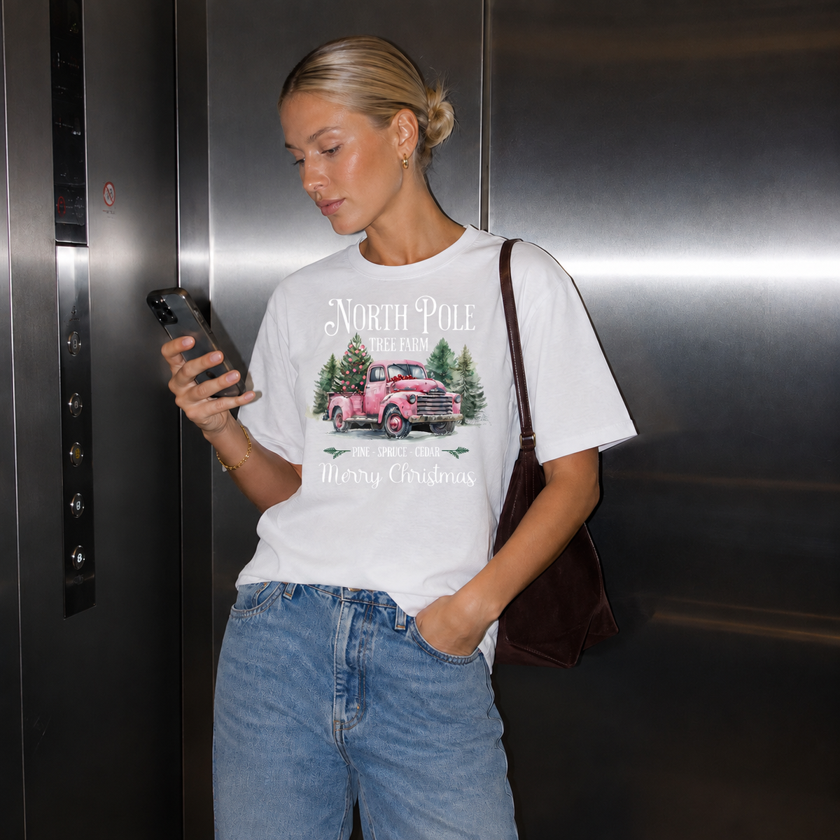 North Pole Tree Farm Pink Truck Graphic — White T-Shirt