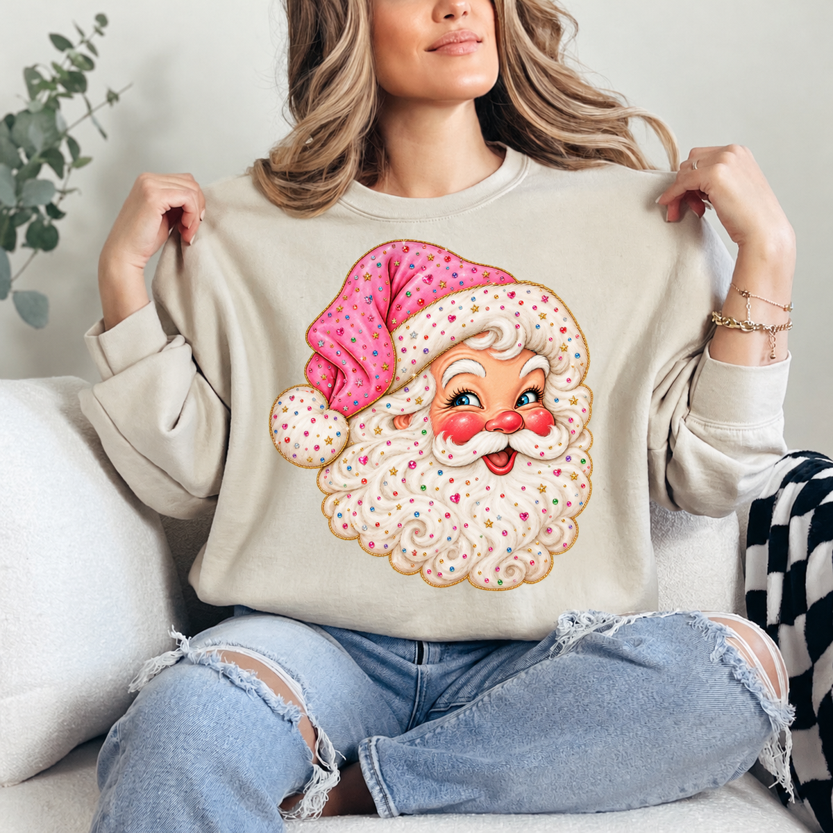Pink Gem Santa Crewneck — Sand