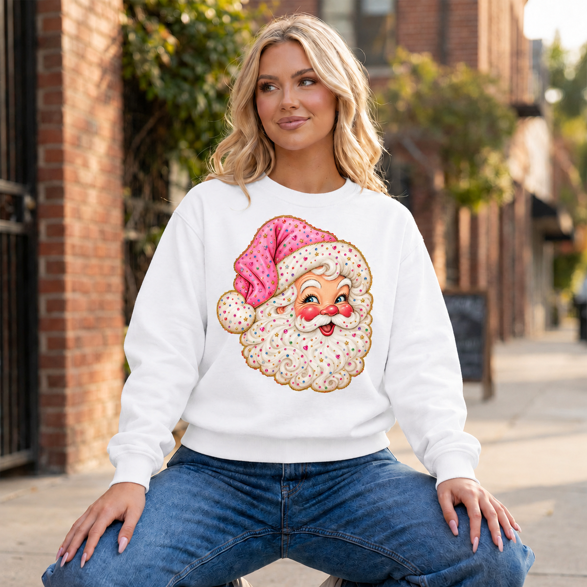 Pink Gem Santa Crewneck — White