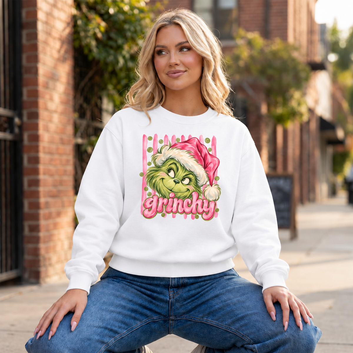 Pink Grinchy Crewneck — White